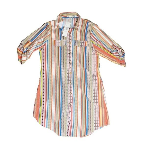 Striped Boho Women’s Button Down Blouse Long Flowy Abstract Print Patchwork - Picture 2 of 6